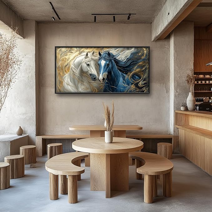 Framed Large Horse Wall Art for Living Room, Oversized Abstract Horses Wall Decor Blue and Golden Canvas Painting Animal Pictures Modern Artwork for Living Room Bedroom Office 60"x30"-PawvioPets