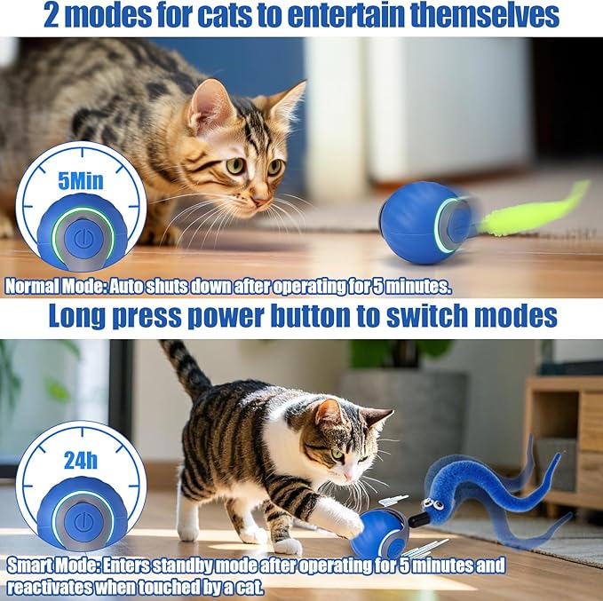 AIERSA Interactive Cat Toys for Indoor Adult Cats, Automatic Self-Play Cat Ball Toy for Kitten to Keep Them Busy, Electric Speed Tail Moving Cat Toy with 3 Tails and 4 Springs (Blue)-PawvioPets