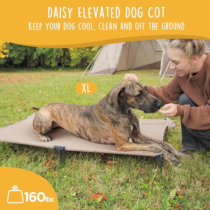Daisy Cot, XL Foldable Elevated Dog Bed, Portable Raised Outdoor Folding Dog Cot, Cooling, Chew Proof, Waterproof, Heavy Duty Up to 160 lbs for Camping/Home, Brown, 49"x 33"x7"-PawvioPets