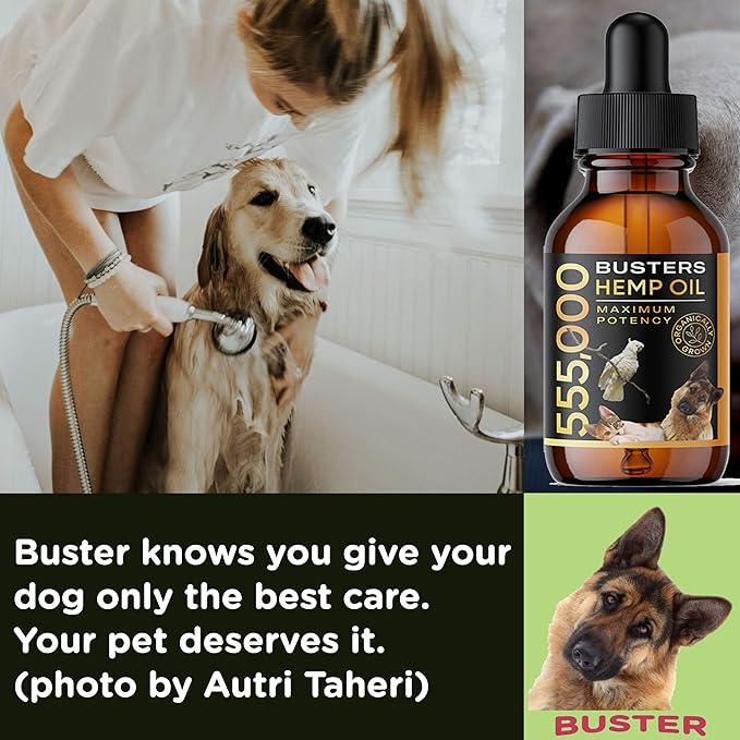 Buster's Organic Hemp Oil 530,000 4Pack-4month Supply for Dogs & Cats - Max Potency - Made in USA - Omega Rich 3, 6 & 9 - Hip & Joint Health, Natural Relief, Calming Drops-PawvioPets