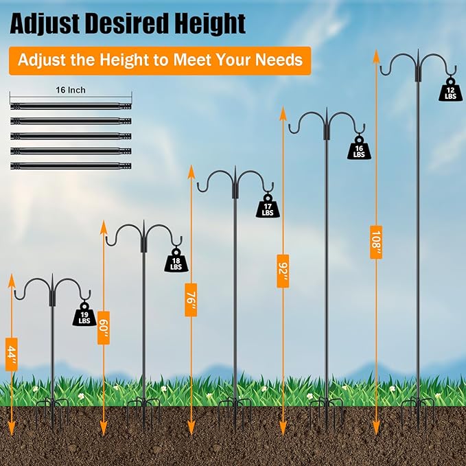 FEED GARDEN Adjustable Double Shepherds Hook for Outdoor with 5 Prong Base 108 Inch Heavy Duty Two Sided Bird Feeder Pole for Hanging Plant Baskets, Solar Light Lanterns, Wind Chimes 2 Pack-PawvioPets