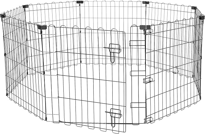 Amazon Basics Foldable Octagonal Metal Exercise Puppy / Dog Playpen - Indoor/Outdoor, Single Door, Extra Small (8 Panels, 24 x 24), Easy to assemble and store, 24" - Puppy, Black-PawvioPets