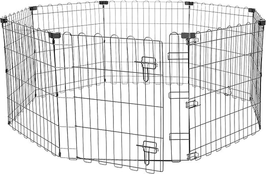 Amazon Basics Foldable Octagonal Metal Exercise Puppy / Dog Playpen - Indoor/Outdoor, Single Door, Extra Small (8 Panels, 24 x 24), Easy to assemble and store, 24" - Puppy, Black-PawvioPets