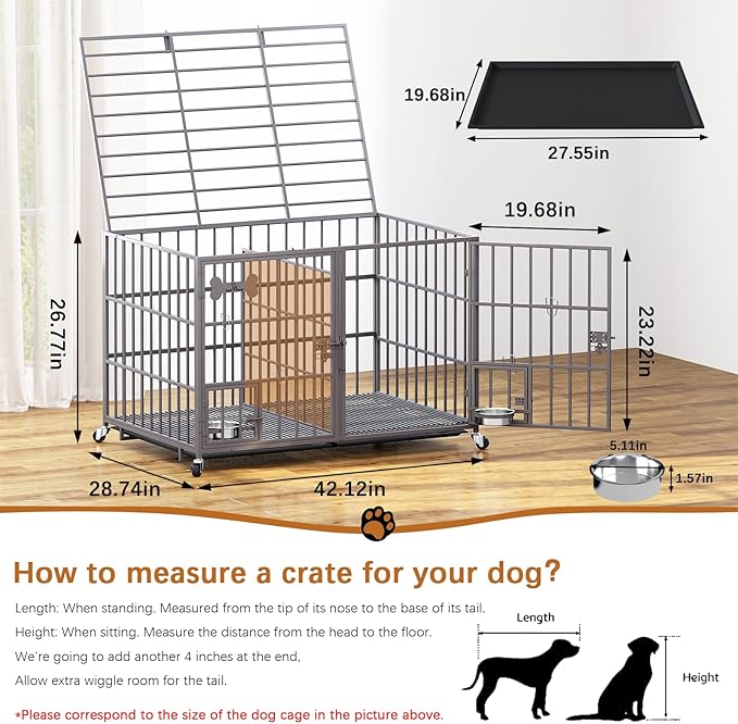 aboxoo 42/48 inch Heavy Duty Metal Dog Crate for 2 Dogs/Large Dog,All Metal Open Top,Dog Kennel Indoor with Wheels,Floor Grid, Tray, Divider and Feeding Bowl (Sliver)-PawvioPets