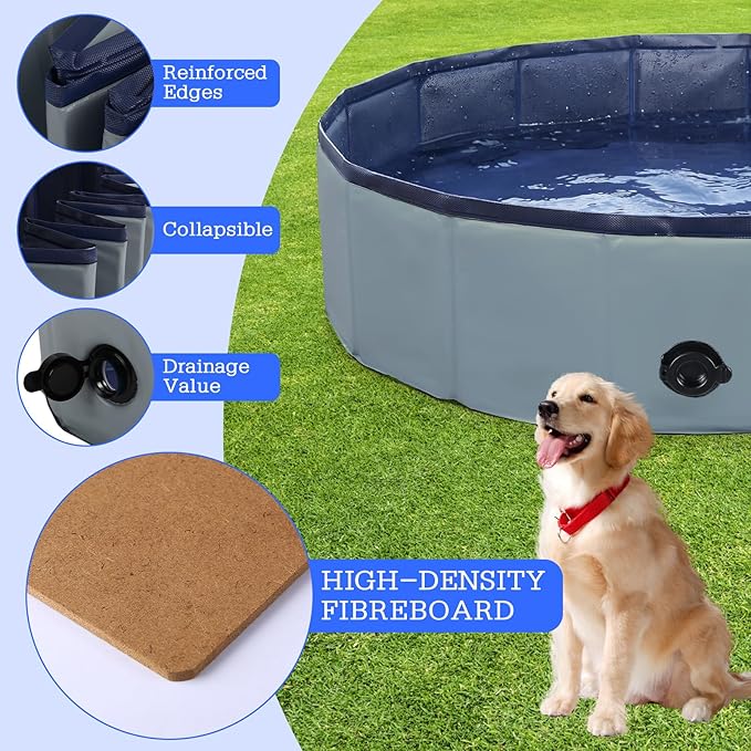 Foldable Dog Bath Swimming Pool Plastic Kiddie Pool Professional Tub Collapsible Grooming Bathtub for Pets Kids Baby and Toddler, 32 x 8 Inches Gray-PawvioPets