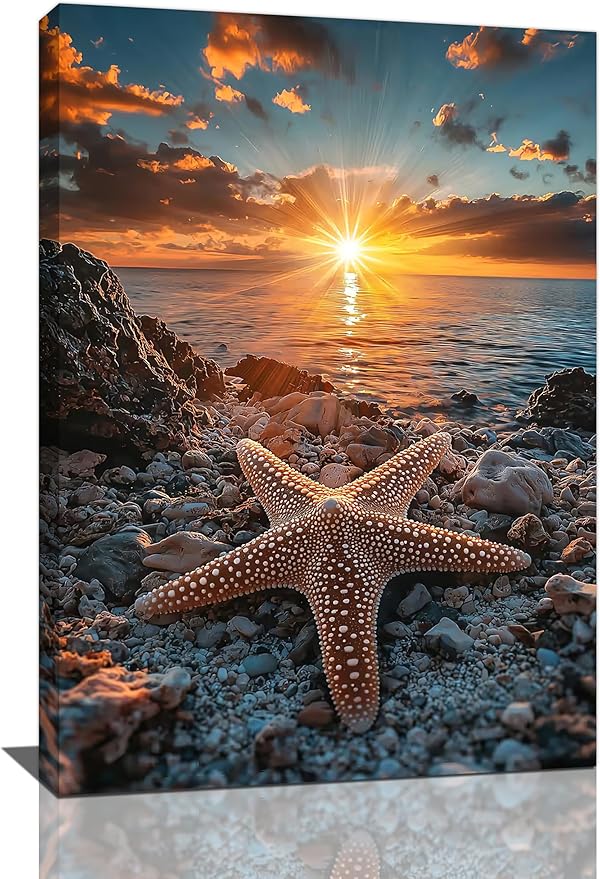 Beach Starfish Wall Decor Ocean Starfish Wall Art Sunset Scenery Coastal Theme Pictures Canvas Nature Seascape Painting Print Framed Artwork Decorations for Home Bathroom Living Room Bedroom Office 16"x24"-PawvioPets