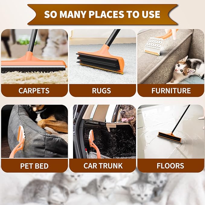 3 in 1 Carpet rake Kit for Pet Hair Removal Tool - Reusable Pet Hair Remover broom w 58"Adjustable Long Handle, Dog & Cat Carpet Scraper, Pet Hair Remover for Rugs, Mats, Couch, Curtains(Orange)-PawvioPets