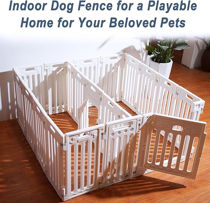 2 Room Dog Playpen with Door,DIY Shape Combination Puppy Pen,16-Panel+2 Link Piece+Large Door+Small Door,25.5" H Dog Fence,Non-Slip&Secure Pet Gate,Easy to Assemble (Two Rooms)-PawvioPets