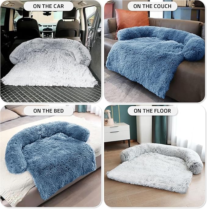 GGIB Calming Dog Bed Fluffy Plush Dog Mat for Furniture Protector with Removable Washable Cover for Large Medium Small Dogs and Cats (Large, Navy)-PawvioPets