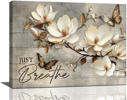 Floral Magnolia Bathroom Pictures Wall Art, Just Breathe Bathroom Wall Decor, Flower Butterfly Framed Painting Canvas Artwork for Bedroom Living Room Decorations 16"L x 12"W-PawvioPets