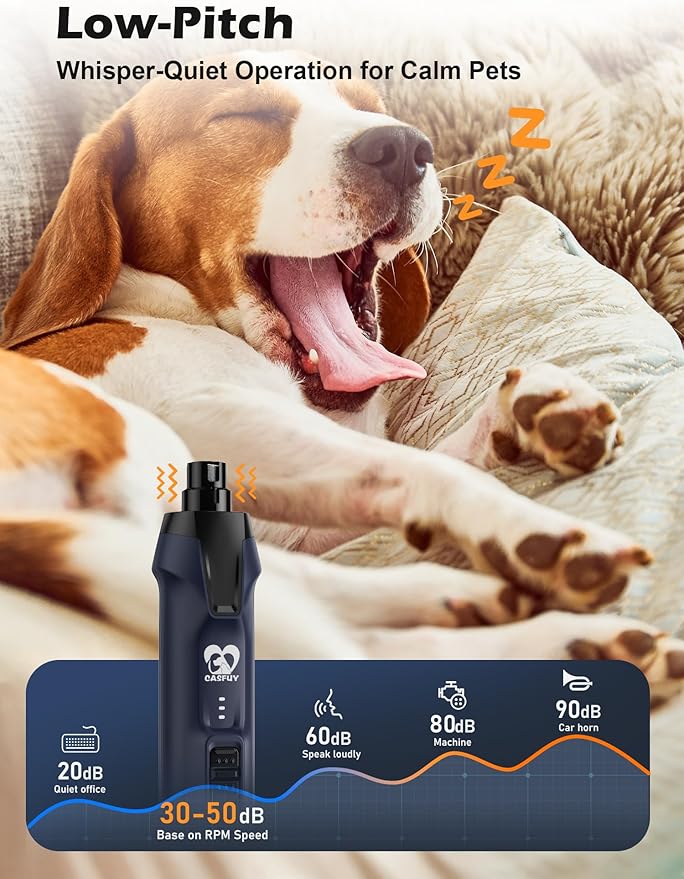 Casfuy 6-Speed Dog Nail Grinder – 50%+ Boost Power Dog Nail Trimmers Quiet with Dust Cap & 2 LED Lights & 2000mAh Battery & 4.8V Motor Electric Pet Toenail File Tool for Large Medium Small Dogs Cats-PawvioPets