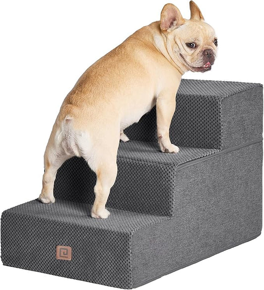 EHEYCIGA Dog Stairs for Small Dogs 16.5" H, 3-Step Extra Wide Dog Steps for Couch Sofa and Chair, Pet Steps for Medium Cats, Non-Slip Balanced Pet Ramp Indoor, Grey-PawvioPets