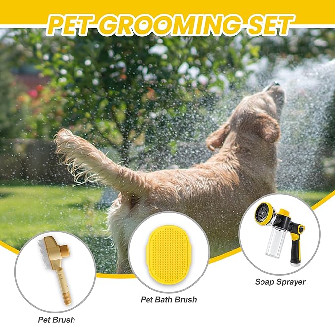 Dog Wash Hose Attachment, 10-in-1 Spray Mode Pet Shower Soap Sprayer with Grooming Comb Rubber Brush, Hose Nozzle with 100cc Soap Dispenser, for Watering, Car Wash, Dog and Horse Showering (Yellow)-PawvioPets