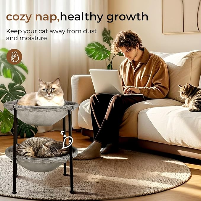 Double Cat Hammock Bed，Elevated and Raised Cat Beds for Indoor and Large Cats-PawvioPets