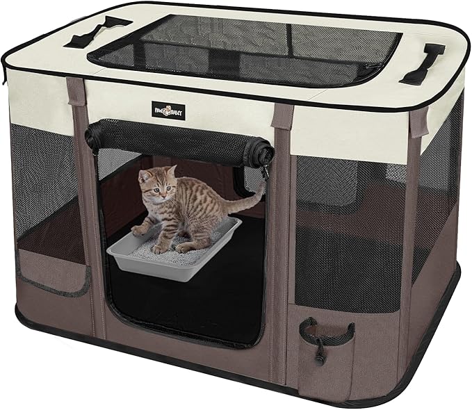 Foldable Pet Kitten Playpen, Upgrade Waterproof Portable Cat Dog Playpen Kennel Tent for Small Dog Cat, Removable Shade Cover, Indoor Outdoor Use for Small Pet, Brown-PawvioPets