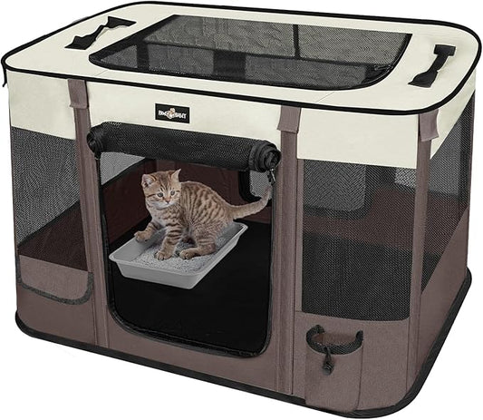 Foldable Pet Kitten Playpen, Upgrade Waterproof Portable Cat Dog Playpen Kennel Tent for Small Dog Cat, Removable Shade Cover, Indoor Outdoor Use for Small Pet, Brown-PawvioPets