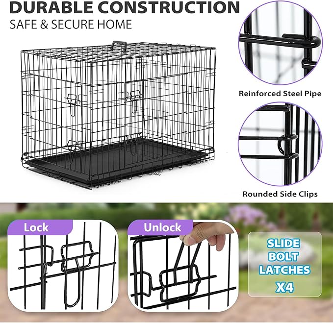 BestPet | Dog Crate | 48" | Black | Foldable Metal Kennel with Double Doors, Secure Slide-Bolt Latches, Leakproof Tray | Portable Dog Cage for Large Breeds | for Travel, Indoor & Outdoor Use-PawvioPets