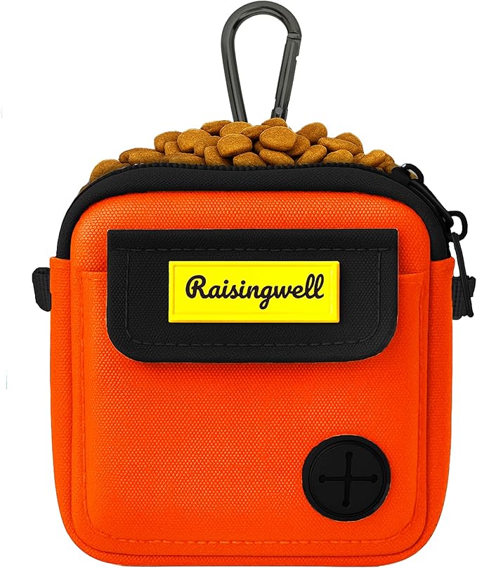 Dog Treat Pouch for Pet Walking and Training with Clicker Poop Bags, and Three Bags Design Small Fanny Zipper Pack Holder for Puppy Snack Dispenser Kit for Leash and Outdoor Use (Orange)-PawvioPets