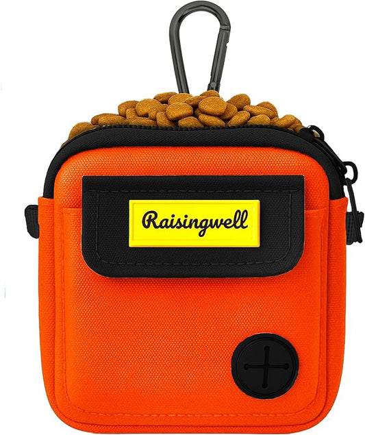 Dog Treat Pouch for Pet Walking and Training with Clicker Poop Bags, and Three Bags Design Small Fanny Zipper Pack Holder for Puppy Snack Dispenser Kit for Leash and Outdoor Use (Orange)-PawvioPets
