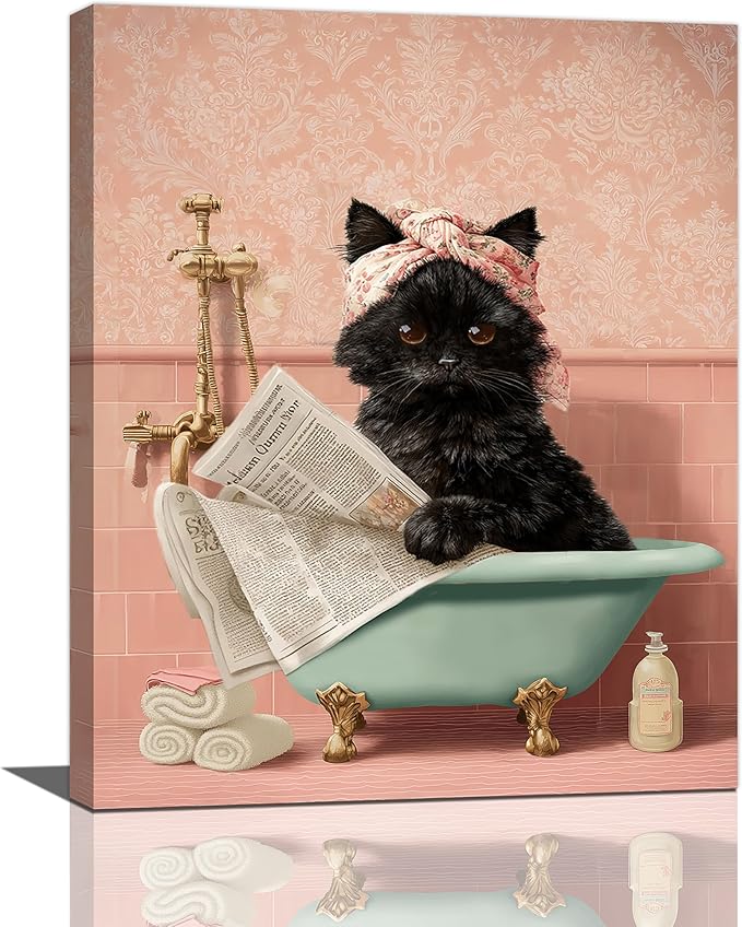 Cat Bathroom Wall Decor Black Cat Reading Newspaper in Bathtub Canvas Wall Art Funny Bathroom Pictures Kitten Painting Print Pink Artwork Framed Decorations Gifts 16"x20"-PawvioPets