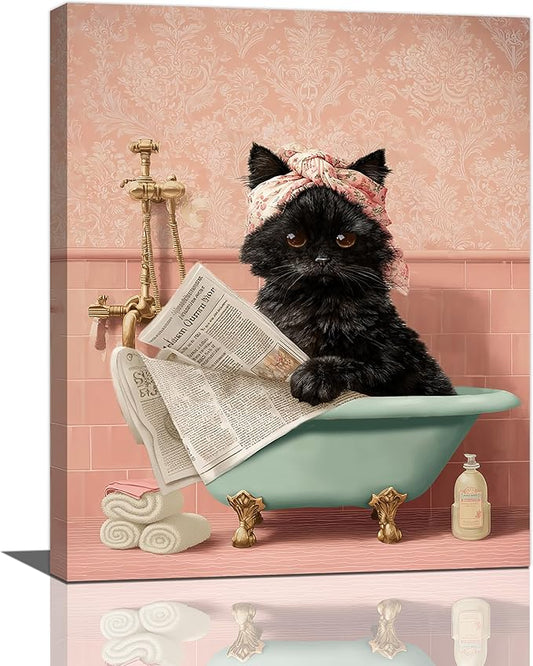 Cat Bathroom Wall Decor Black Cat Reading Newspaper in Bathtub Canvas Wall Art Funny Bathroom Pictures Kitten Painting Print Pink Artwork Framed Decorations Gifts 16"x20"-PawvioPets