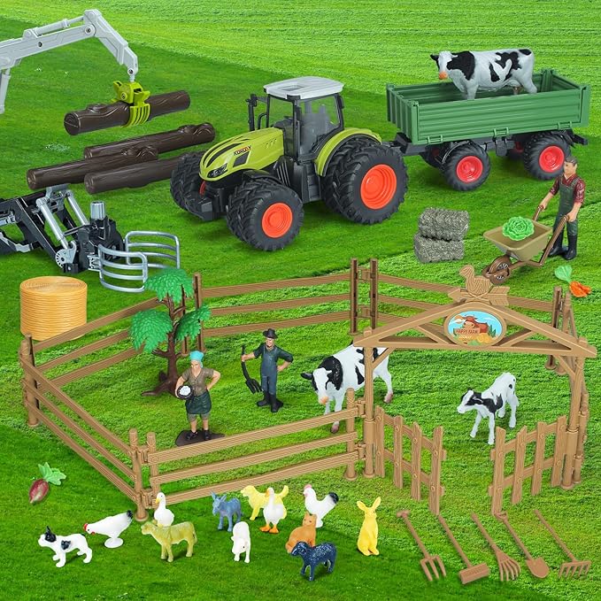 46Pcs Farm Toys, Tractor Toy w/Lights & Sound, Farm Animals Toys for 3 4 5 6 7 8+ Year Old Toddler Girls Boys Kid, Figures Farmer Vehicle Truck Fence Farm Playset Educational Learning Toys-PawvioPets