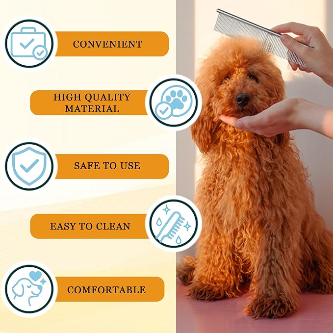 Dog Comb and Cat Combs Stainless Steel Teeth, Grooming Tool for Long & Short Hair, Dematting Comb for Dogs, Removes Tangles & Knots (Small Silver)-PawvioPets