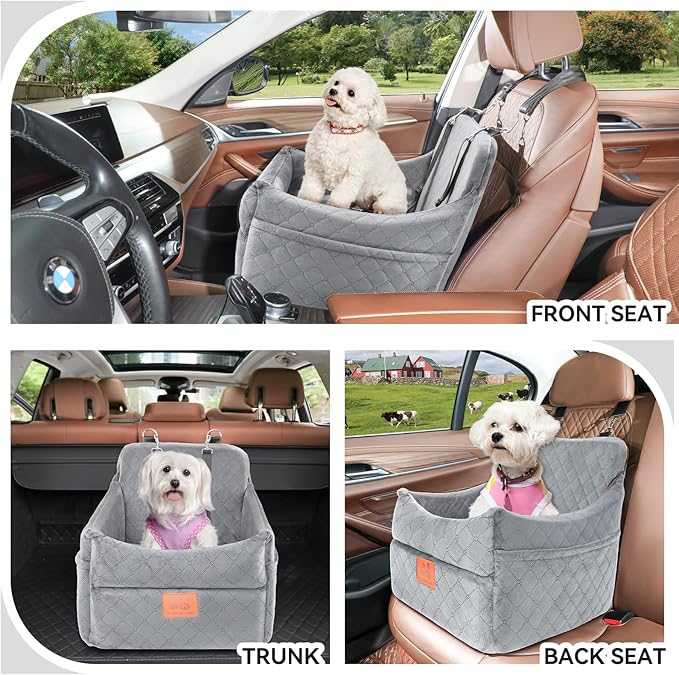 Dog Car Seat for Small/Medium Dogs, Dog Booster Car Seats with Thick Cushion for Dogs Under 35lbs, Detachable Washable Pet Car Seat with Storage Pockets, 2 Safety Belts-PawvioPets