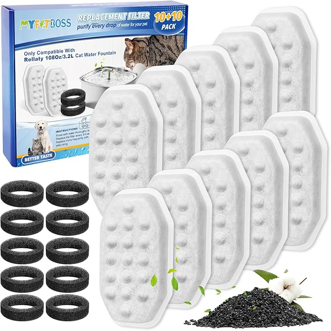 Cat Fountain Filter Replacement, Cat Water Fountain Filters Compatible with Rellaty & Fit for Neareal 3.2L/108oz Fountains, 10PCS Replacement Filters with 10PCS Sponge 10+10 Pack-PawvioPets
