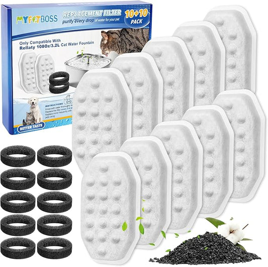 Cat Fountain Filter Replacement, Cat Water Fountain Filters Compatible with Rellaty & Fit for Neareal 3.2L/108oz Fountains, 10PCS Replacement Filters with 10PCS Sponge 10+10 Pack-PawvioPets
