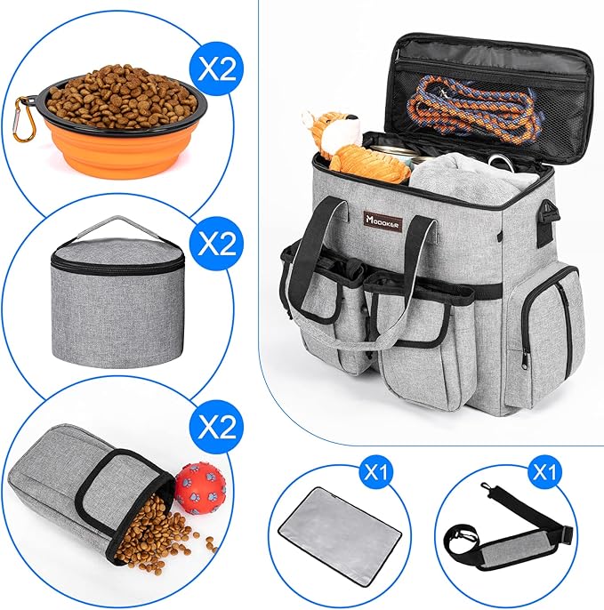 Airline Approved Dog Travel Bag with 2 Dog Treat Training Pouches, Tote Organizer for Weekend Pet Travel Supplies & Accessories, 2 Collapsible Bowls, 2 Food Container (Grey)-PawvioPets