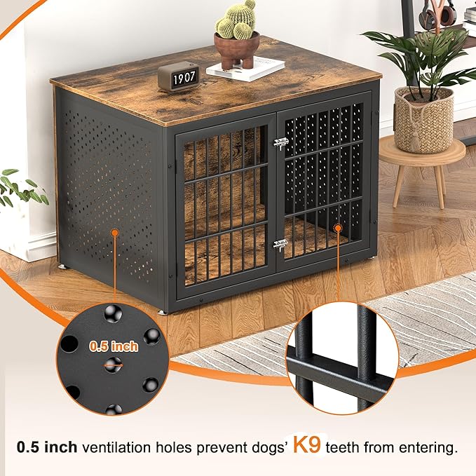 42" Heavy Duty Dog Crate Furniture for Large and Medium Dogs, Enclosed Design Wooden Metal Kennel, Wooden Cage Furniture Indoor, Decorative Dog Kennel End Table-PawvioPets