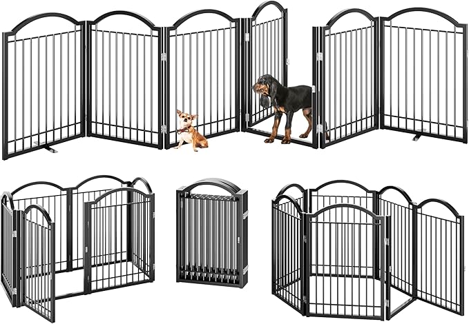 BHG Metal No-Assembly Freestanding Dog Gate with Door Walk Through, Extra Wide 144", Extra Tall 32" Pet Gate, Accordion Puppy Folding Playpen Dog Fence, with 2PCS Support (Black, 6 panesl)-PawvioPets