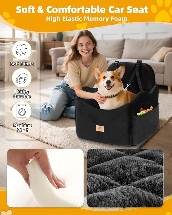 Car Seat Booster for Dog: High-Support Memory Foam Pet Car Seat for Small/Medium Dogs Under 35lbs with Elevated Cushion - Detachable Washable Puppy Travel Bed for Driving with Pockets (Black)-PawvioPets