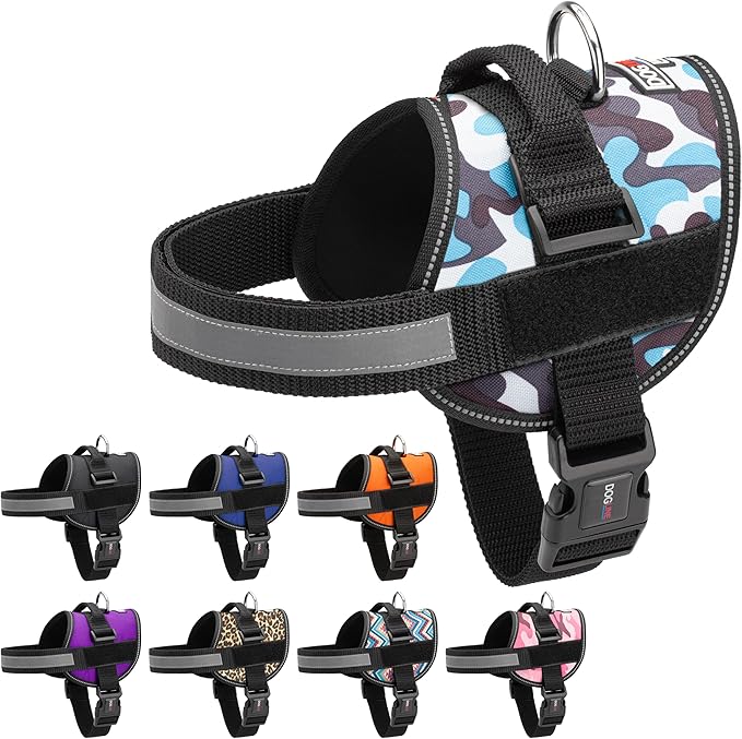 Dogline Dog Harness, Reflective No-Pull Adjustable Vest with Handle for Walking, Training, Breathable, No - Choke Harness for Small, Medium or Large Dogs Room for Patches Girth 27 to 34 in Blue Camo-PawvioPets