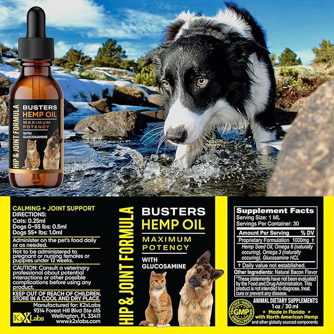 Busters Hip and Joint Hemp Oil for Dogs Formula with Glucosamine, 2Pack 2Month Supply, Soothing Relief for Cats, and Pets, Advanced Mobility Support-PawvioPets