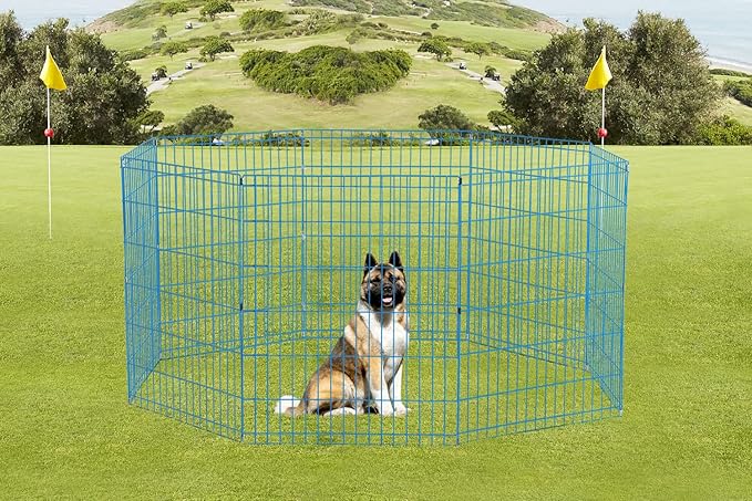 30 Tall Dog Blue Playpen Crate Fence Pet Kennel Play Pen Exercise Cage -8 Panel-PawvioPets