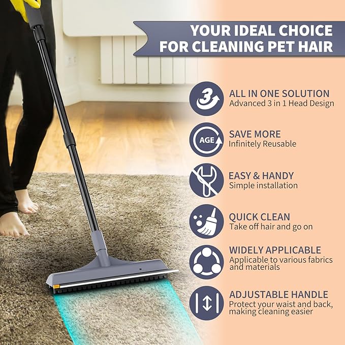 3 in 1 Carpet rake Kit for Pet Hair Removal Tool - Reusable Pet Hair Remover Broom w 58" Adjustable Long Handle, Dog & Cat Carpet Scraper, Pet Hair Remover for Rugs, Mats, Couch, Curtains(Gray)-PawvioPets