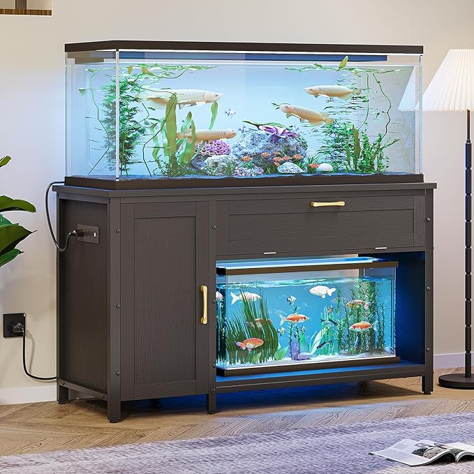 Bestier 55-75 Gallon Fish Tank Stand with Power Outlet&LED Light, 49x19 Heavy-Duty Metal Aquarium Stand with Cabinet&Drawer for Accessories Storage, Suit for Reptile/Turtle Terrarium, 726Lbs Capacity-PawvioPets