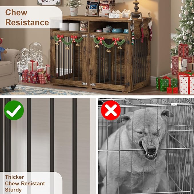 Furniture Dog Crate for 2 Dogs, 41 Inch Dog Kennel Furniture with Removable Divider and Shelf Storage, Wooden Dog Crate for Small/Medium Dogs, Rustic Brown-PawvioPets