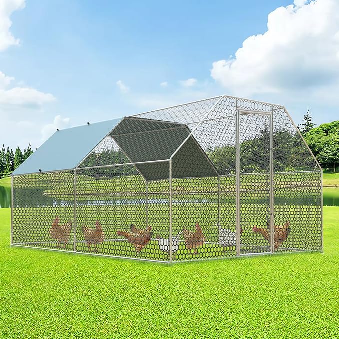 4ever2buy Chicken Runs for Yard with Cover, Large Metal Chicken Run Walk in Metal, Outside Dog Kennel with Roof, Flat Roofed Outdoor Kennel for Cats(9.2’Lx12.47’Wx6.4’H)-PawvioPets