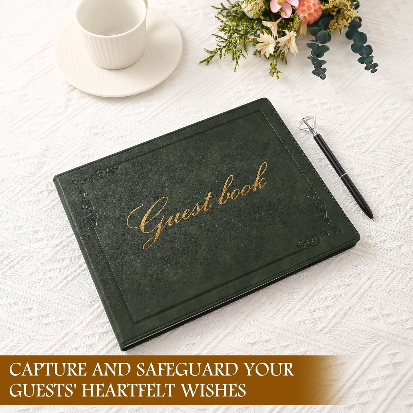 8x10 Leather Guest Book and Standup Sign Set, Gold Foiled Cover Registry Book for Wedding Reception, Retirement Party, Vacation Homes and Events, 120 Pages (Green)