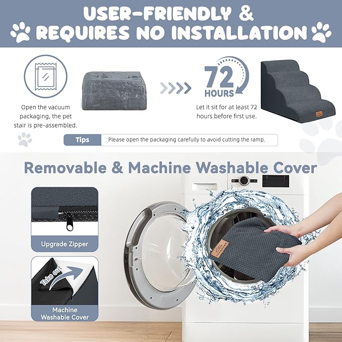 Dog Ramp and Stair for Bed 16" H-20 H,3-Step Cat Stair for Sofa and Chair,4-Step Dog Ramp for High Bed and Window,Durable Nonslip Fabric Cover for Indoor (Dark Grey-20 H, Pet Friendly, 4)-PawvioPets