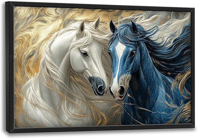 Framed Large Horse Wall Art for Living Room, Oversized Abstract Horses Wall Decor Blue and Golden Canvas Painting Animal Pictures Modern Artwork for Living Room Bedroom Office 36"x24"-PawvioPets