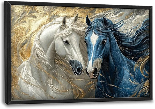 Framed Large Horse Wall Art for Living Room, Oversized Abstract Horses Wall Decor Blue and Golden Canvas Painting Animal Pictures Modern Artwork for Living Room Bedroom Office 36"x24"-PawvioPets