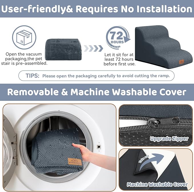 Dog Ramp and Stair for Bed 16" H-20 H,3-Step Cat Stair for Sofa and Chair,4-Step Dog Ramp for High Bed and Window,Durable Nonslip Fabric Cover for Indoor (Dark Grey-16 H, Pet Friendly, 3)-PawvioPets