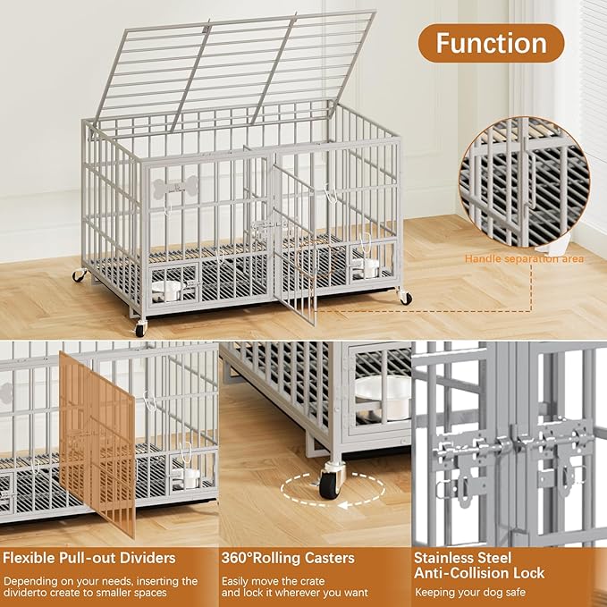 aboxoo 48/42 inch Heavy Duty Metal Dog Crate for 2 Dogs/Large Dog,All Metal Open Top,Dog Kennel Indoor with Wheels,Floor Grid, Tray, Divider and Feeding Bowl (Sliver)-PawvioPets