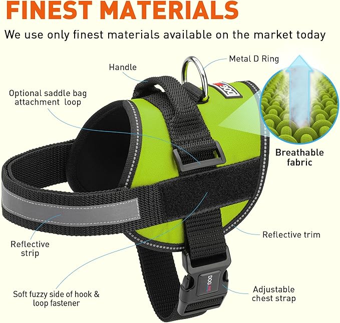 Dogline Dog Harness, Reflective No-Pull Adjustable Vest with Handle for Walking, Training, Breathable, No - Choke Harness for Small, Medium or Large Dogs Room for Patches Girth 18 to 24 in Lime Green-PawvioPets