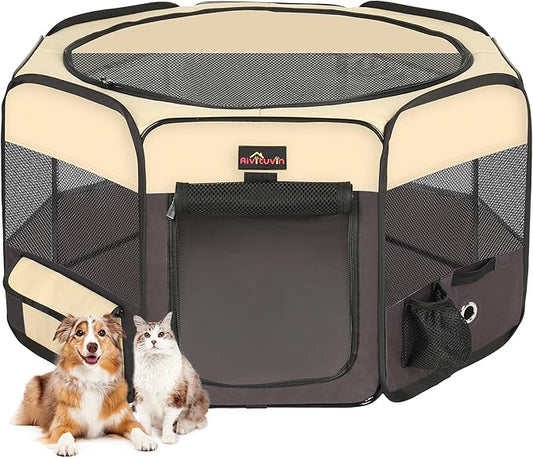 Aivituvin Portable Pet Playpen, Foldable Dog Tent Crate Cage for Puppies and Cats, Exercise Pop Up Dog Kennel with Carrying Case Indoor Outdoor, Waterproof and Zipper Top Cover Door, Brown-PawvioPets