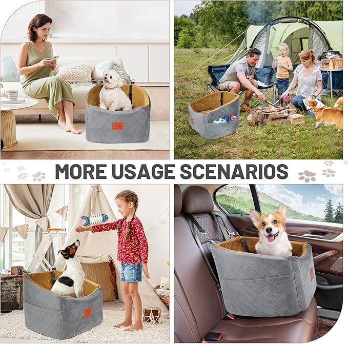 Dog Car Seat for Small Medium Dogs, Memory Foam Booster Car Seat for Dogs up to 35 lbs, Elevated Pet Car Seat, Travel Safety Bed with Washable Removable Cover and Storage Pockets(Gray/Coffee)-PawvioPets